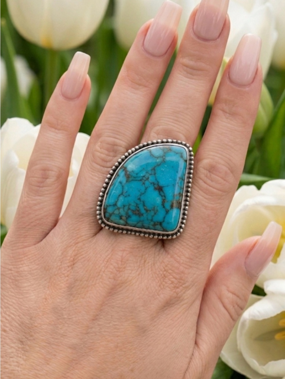 Turquoise Statement Ring in Bright Blue with Silver Bezel